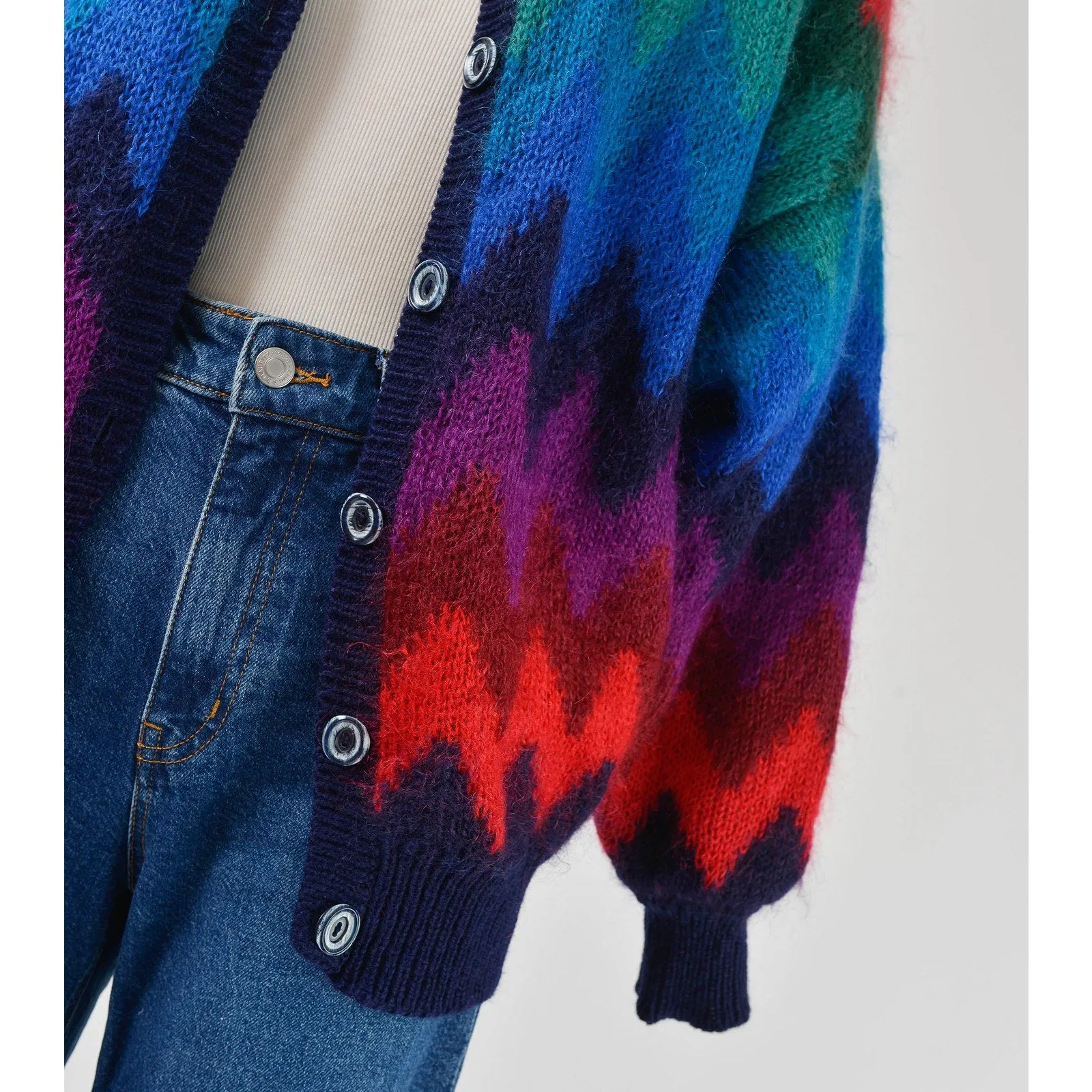 Vintage 90s Zig Zag Chevron Striped Mohair Sweater Jacket Button Down Front Cardigan size Medium