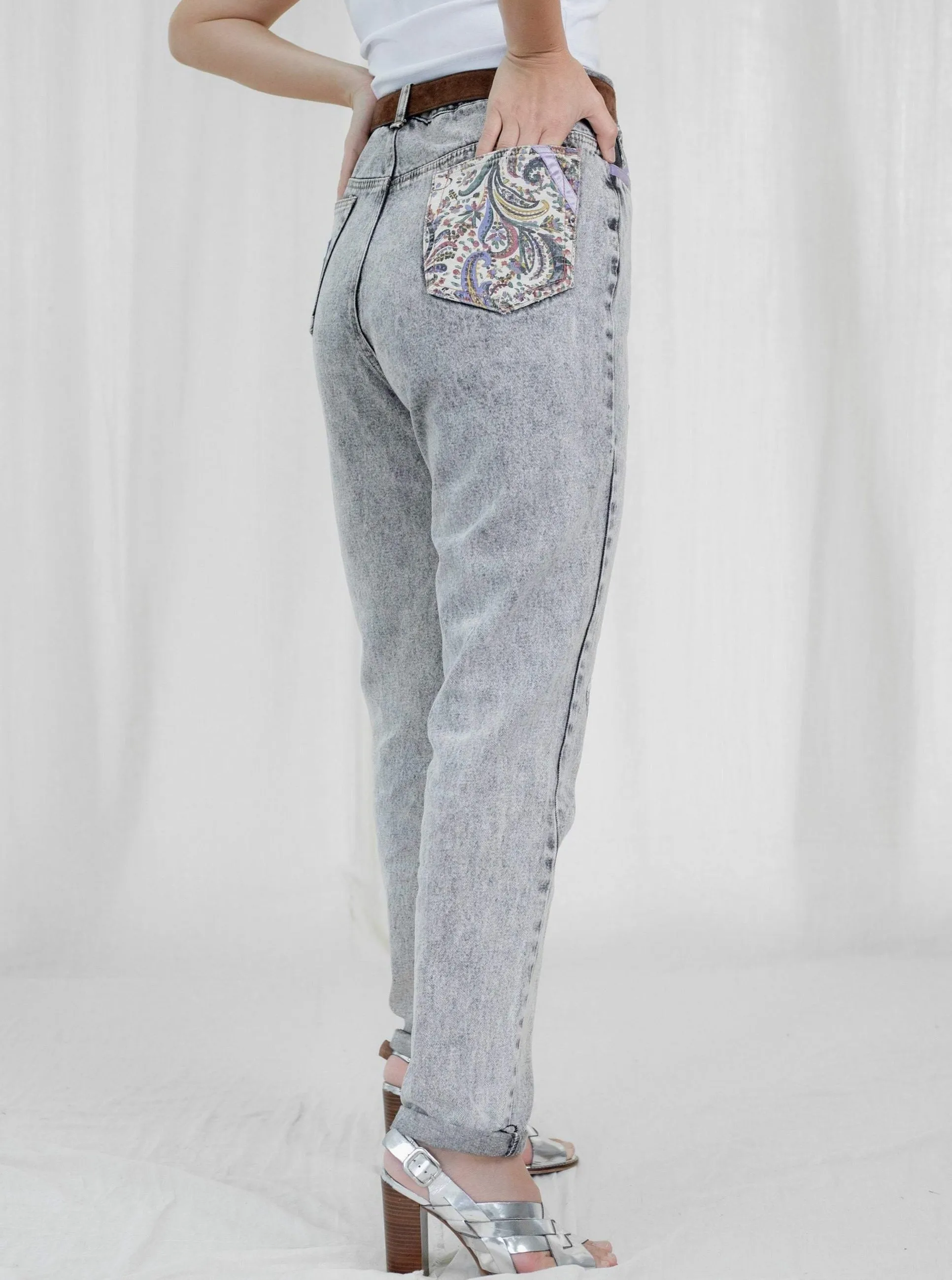 Vintage Denim High-Waisted Grey Patch Mom Jeans
