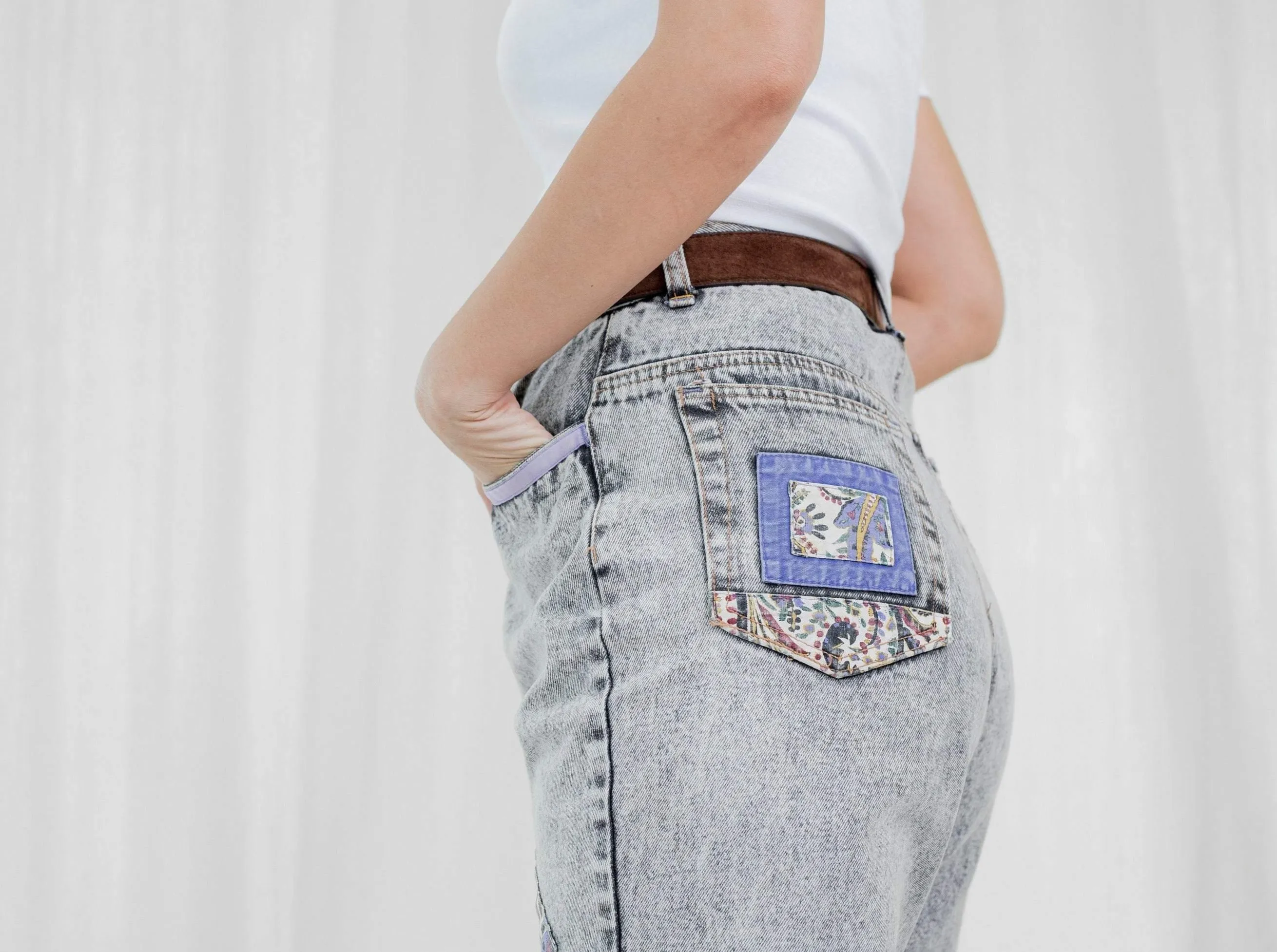 Vintage Denim High-Waisted Grey Patch Mom Jeans