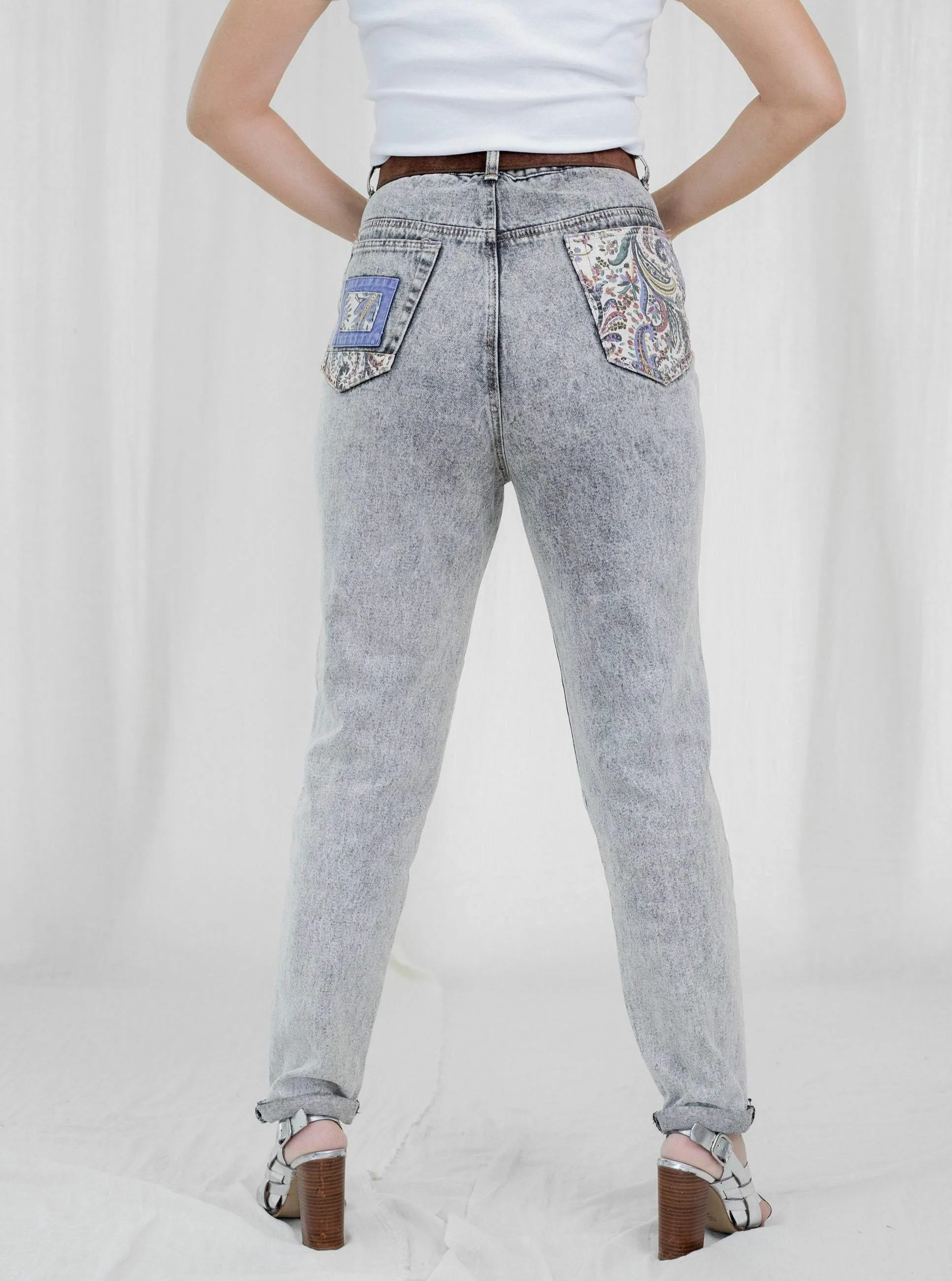 Vintage Denim High-Waisted Grey Patch Mom Jeans