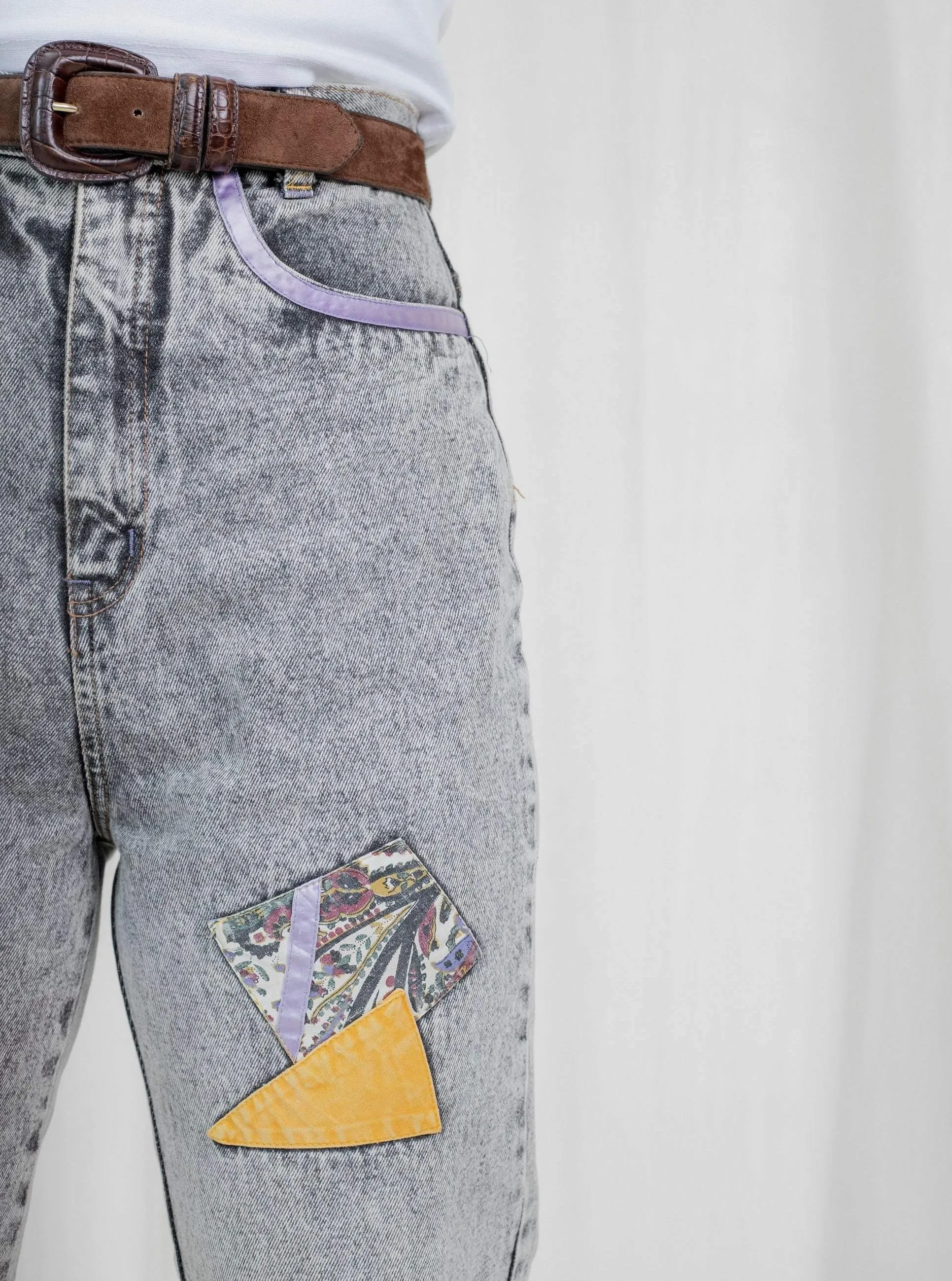 Vintage Denim High-Waisted Grey Patch Mom Jeans