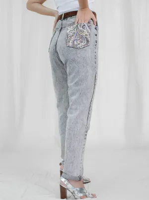 Vintage Denim High-Waisted Grey Patch Mom Jeans