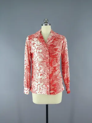 Vintage Red and White Floral Print Blouse