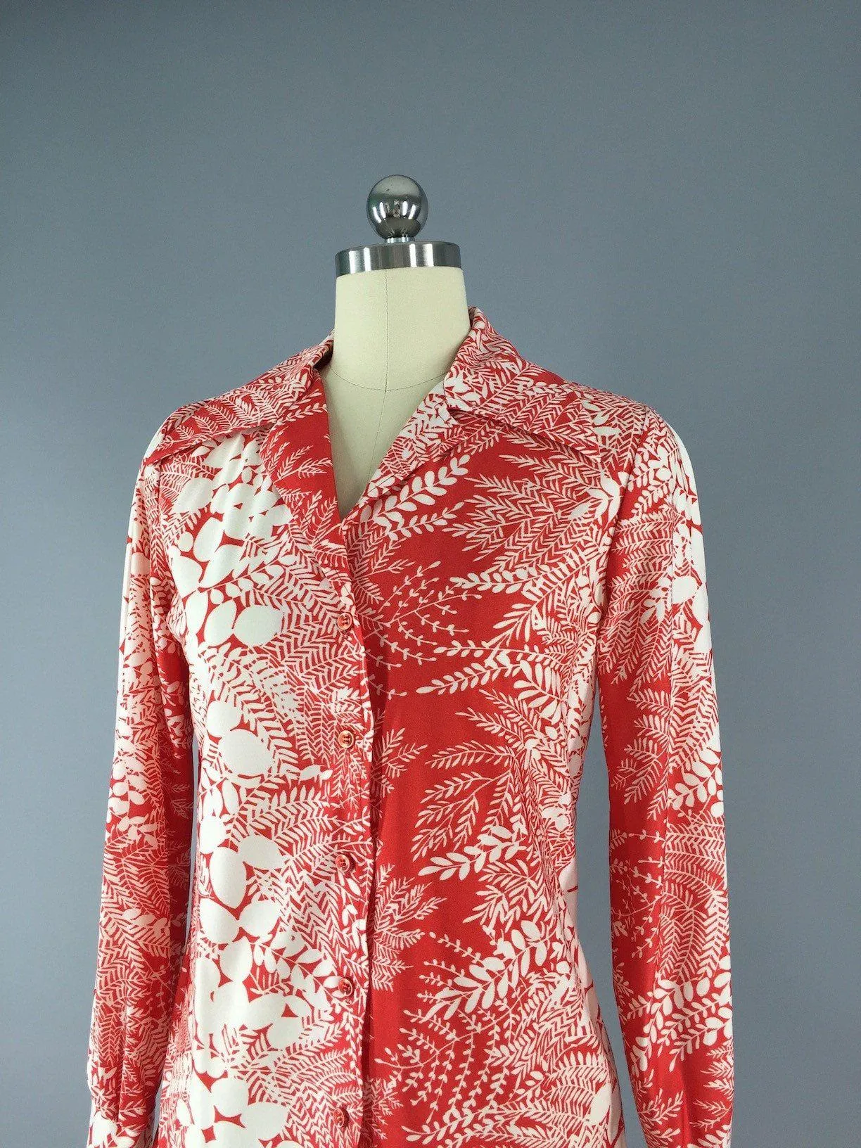 Vintage Red and White Floral Print Blouse