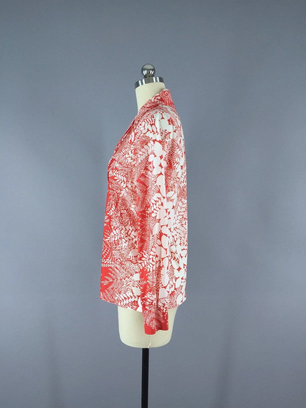 Vintage Red and White Floral Print Blouse