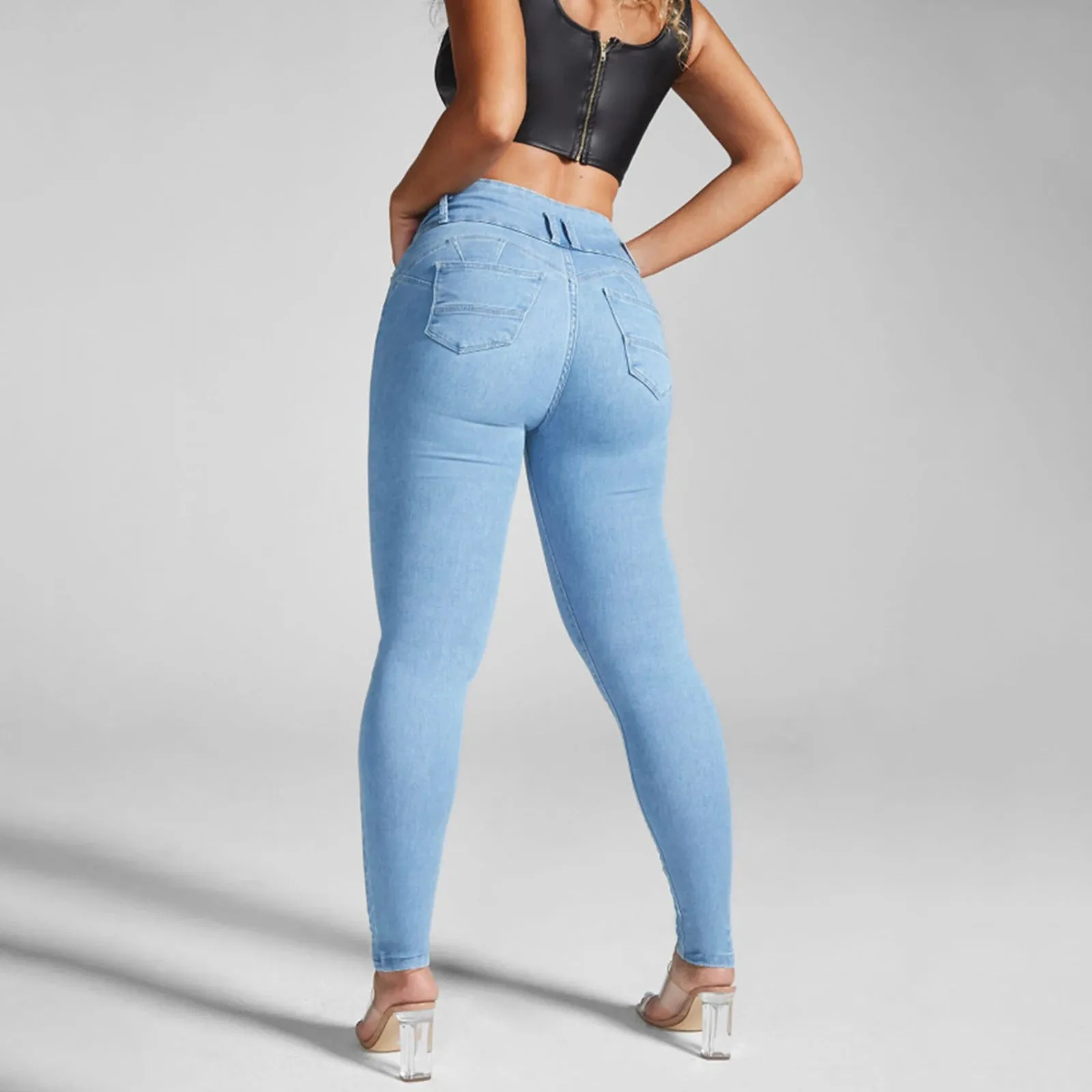 Womens Casual Skinny Jeans High Waisted Button Fly Pencil Pants Butt Liftting Ankle Length Denim Trousers with Pockets S4622795