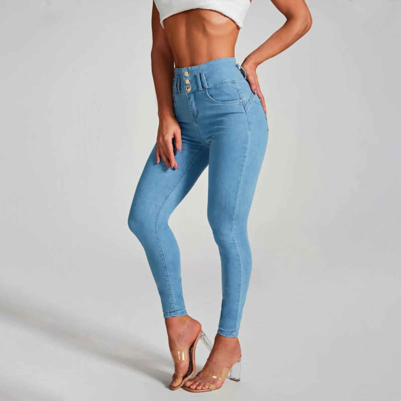 Womens Casual Skinny Jeans High Waisted Button Fly Pencil Pants Butt Liftting Ankle Length Denim Trousers with Pockets S4622795