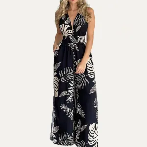 Women’s Tropical Style Leaf Print Halter SleevelessWide-Leg Jumpsuit