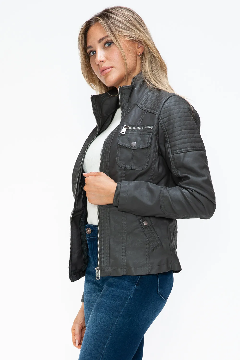 YMI Faux Leather Women Jacket Removable Fuzzy Hood Layered Black Biker